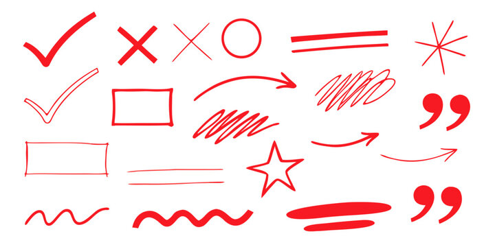 Red hand drawn symbols including checkmarks crosses boxes arrows and quotation marks on white background