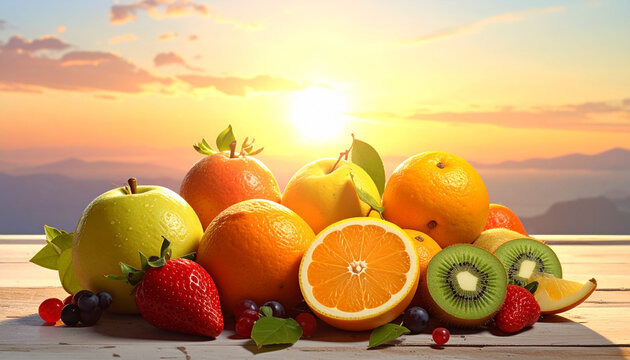 Assortment of fresh fruits arranged on a wooden surface at sunset