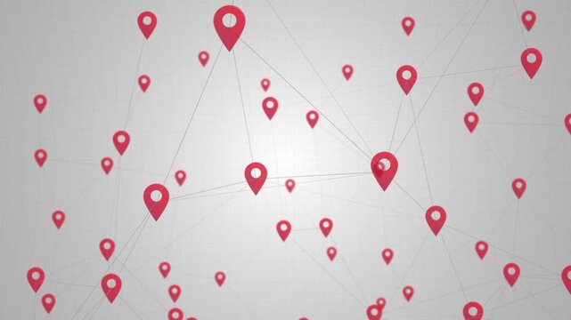 Global location pins background with a plexus network of connected map markers. Suitable for GPS navigation, data connections and geolocation technology concepts. Full HD and looping animation.