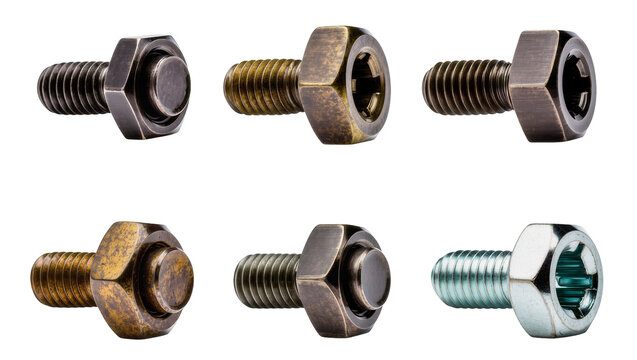 Isolated diverse collection of metallic hex head bolts and threaded fasteners for assembly