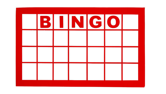 Isolated classic red Bingo game card with blank grid squares and top BINGO lettering