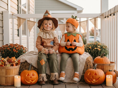 Young friends sitting on porch with pumpkins