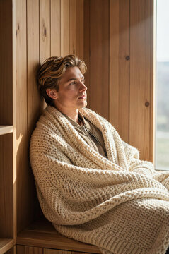 Man sits wrapped in a thick knit beige cardigan while gazing out a window. Sunlight illuminates his profile against light wood paneling in an indoor wooden nook.