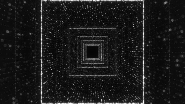 An animated monochrome tunnel of glowing dots and geometric frames stretching to infinity. Bright lights create the effect of a digital corridor, symbolizing the flow of data, virtual reality, and hig