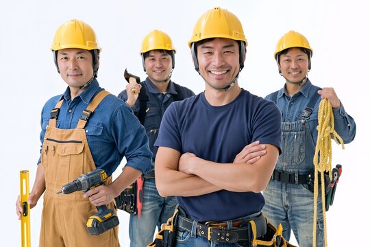 建設業を支える笑顔の日本人男性職人四人が結束する