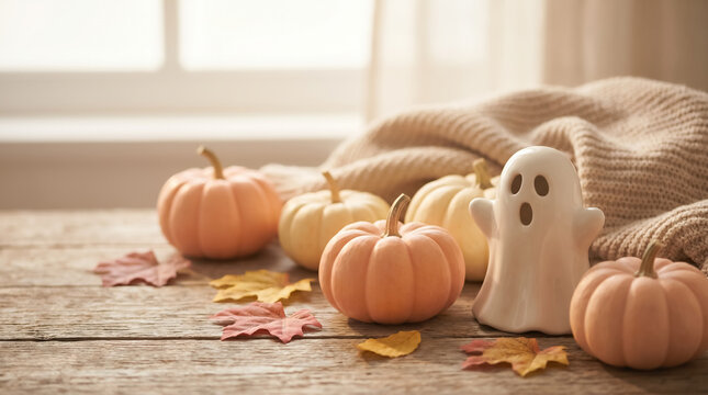 Pumpkins and ghost figurine autumn setup