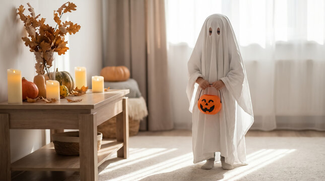 Child dressed as a ghost for Halloween