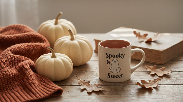White pumpkins on wooden table decoration