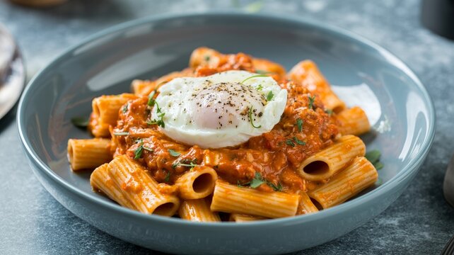 Pasta Rigati With Tomato Sauce And Poached Egg Food Photography
