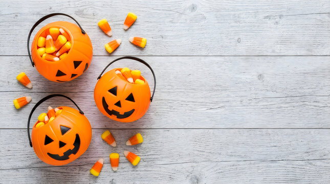 Three orange plastic pumpkin buckets filled with candy corn on a rustic light wooden table