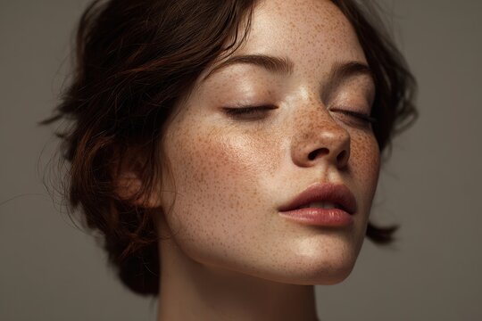 Moody studio portrait of a freckled brunette with honey on the skin and a serious expression