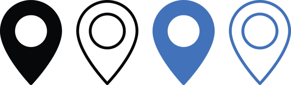 Set of four location pin map markers in solid black and blue outline vector icon styles
