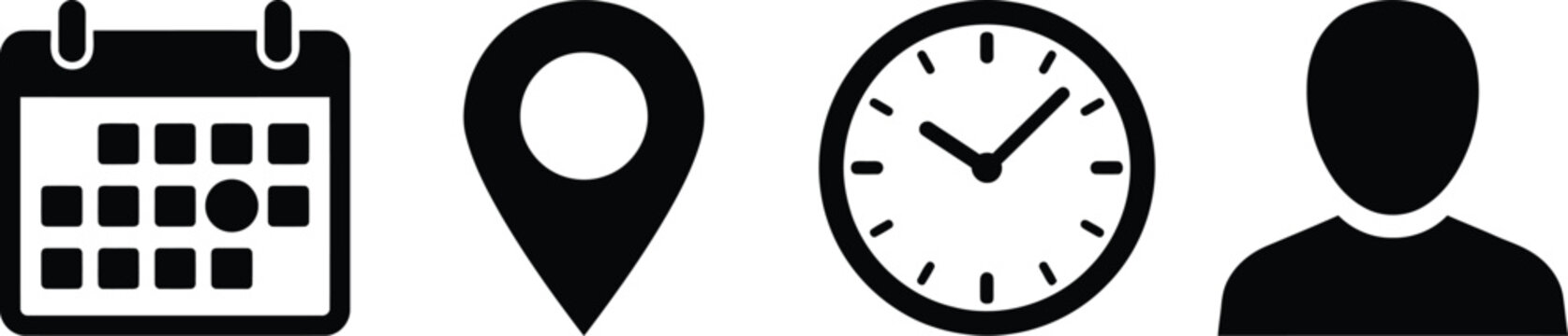 Set of black flat icons including calendar, location pin, clock and user profile symbols