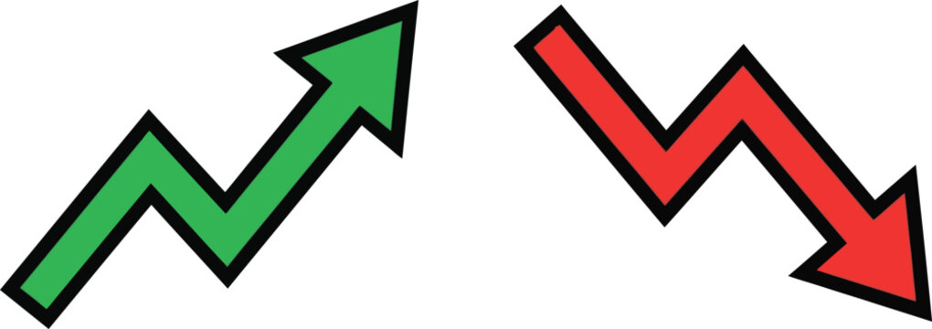 Green rising arrow and red falling arrow icons representing financial growth and market decline