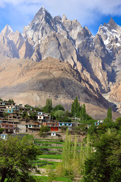 MOUNTAINS AND VILLAGES IN NORTHERN PAKISTAN.
