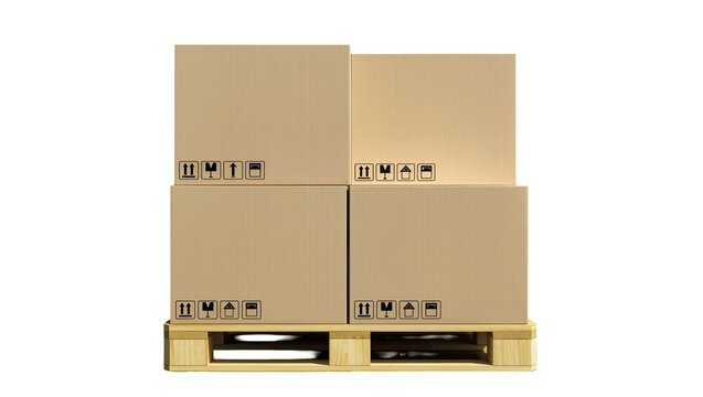 Isolated stacked cardboard shipping boxes on a wooden pallet ready for delivery and storage