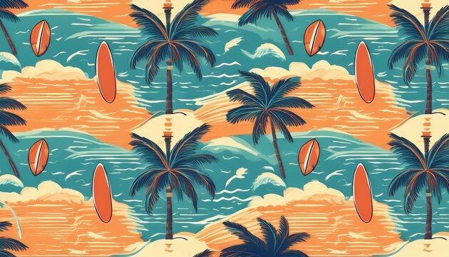 tropical summer vibes seamless beach pattern with palm trees surfboards and waves