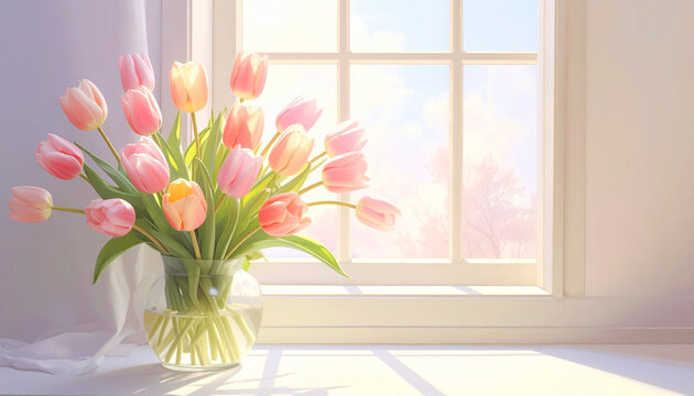 Bouquet of pink and yellow tulips in a vase by a window