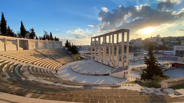 King Abdullah I Gardens amphitheater at sunset in Wadi Saqra, Amman, Jordan