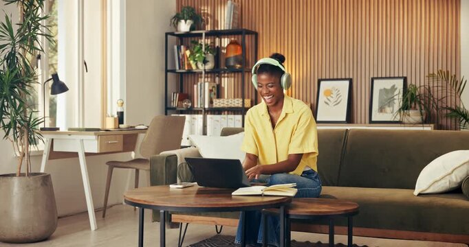 Laptop, woman and dance in home with headphones, favorite music or copywriting project for remote work. Black person, audio tech and computer with radio song, creative job and embarrassed by rhythm.