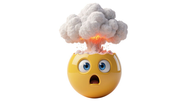Isolated shocked emoji head exploding with a smoke cloud, symbolizing extreme stress or ideas.