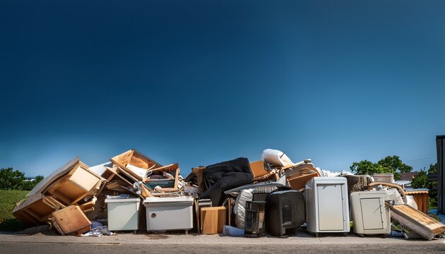 a pile of bulk trash items like furniture and old appliances on a curbside
