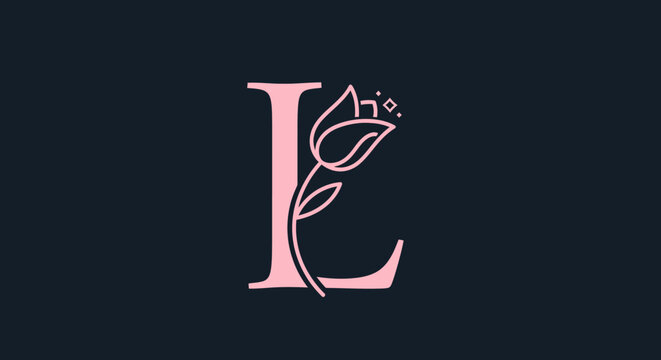 Feminine pink letter L monogram with rosebud illustration