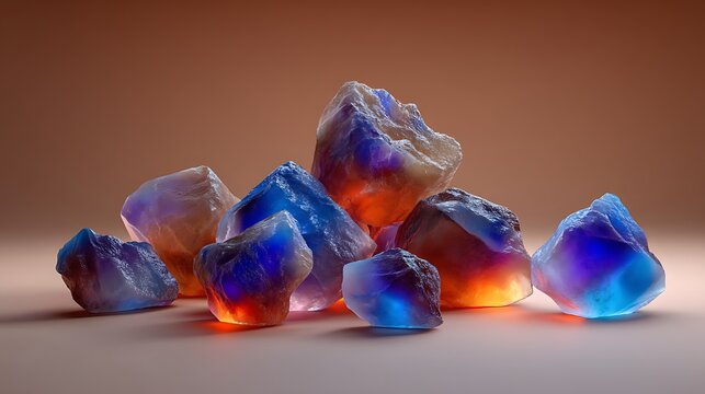 Cluster of blue and purple crystals with metallic shine on reflective surface with orange glow