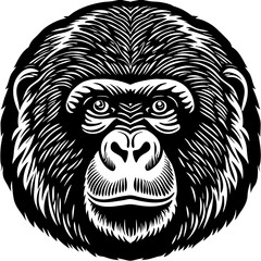 Obraz premium Chimpanzee head features a detailed black and white illustration of a primate face with bold lines.