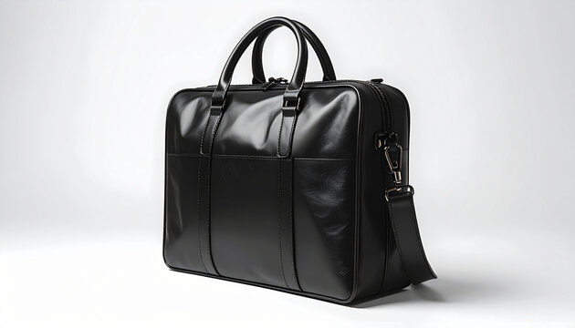 Black leather briefcase with handles and shoulder strap studio shot