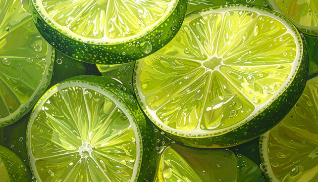 Close-up macro shot of fresh lime slices with water droplets