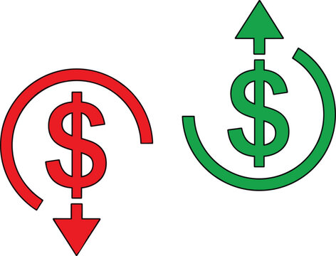 Finance dollar currency icons showing increase and decrease for market growth and investment loss analysis.