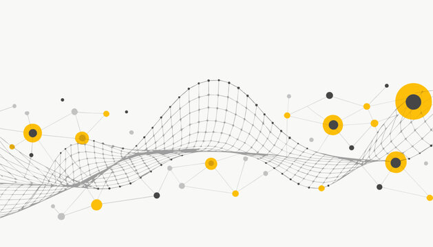 Abstract digital network wave structure with yellow nodes on white background conceptualizing data flow and connection