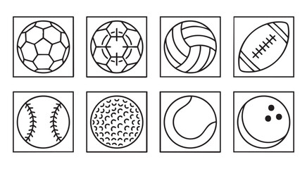 Fototapeta premium Set of sport balls icons outline in square frames on transparent background.