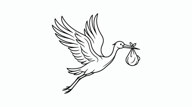 Minimalist stork carrying a baby bundle line art