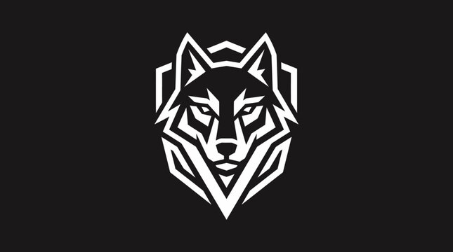 Minimalist white geometric wolf head logo on black.
