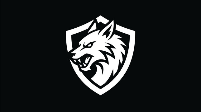 Minimalist white wolf head logo inside shield shape.