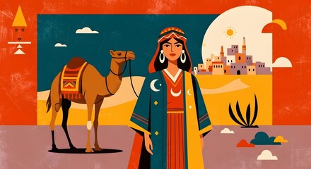 Flat vector illustration of a traditional desert woman with a camel and ancient cityscape landscape background © Yaqeen