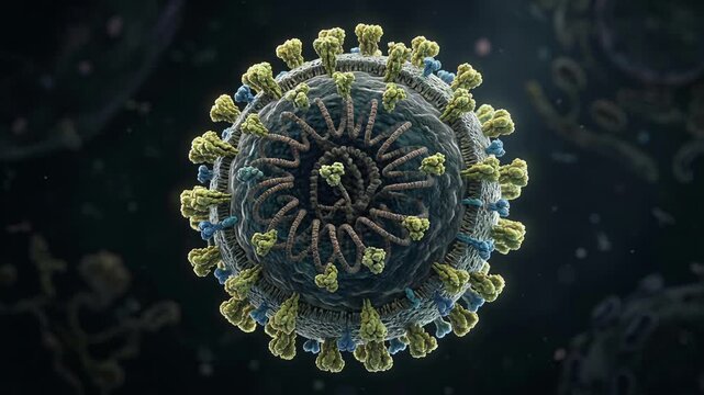 Measles virus particle rotating 3D medical visualization, outbreak