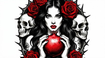 Naklejka premium Gothic woman with long dark hair holds red pomegranate fruit. Skulls and roses frame her face. Thorn branches border the illustration. Dramatic dark beauty portrait.