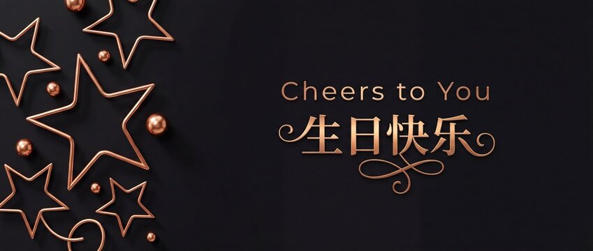 Chinese Happy Birthday banners with rose gold metallic stars and elegant typography on luxury black background, featuring Cheers to You message and decorative elements for premium celebration events.