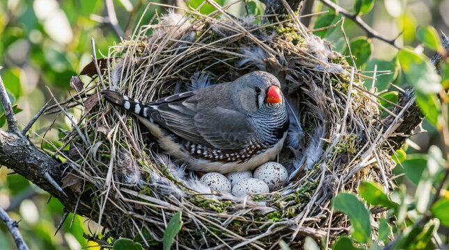 Zebra finch carefully sitting on its eggs inside a beautifully crafted natural nest