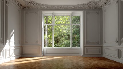 Fototapeta premium Minimalist classical interior with white trim molding, dark hardwood floor, and a large window looking out to greenery