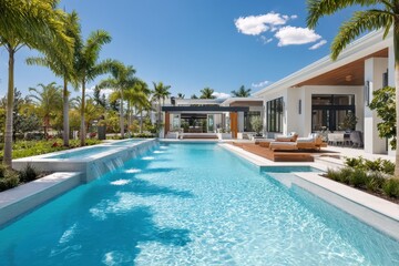 Fototapeta premium Sunlit backyard pool with arching water jets and contemporary home exterior