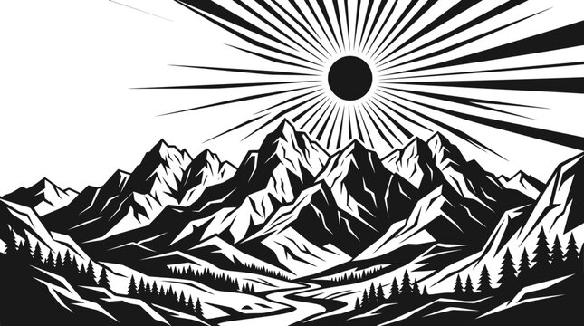 Mountain range with radiating sun rays