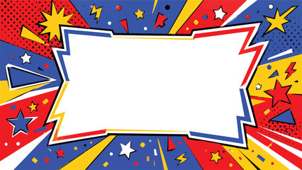 Obraz premium Vibrant comic book style vector illustration featuring a blank speech bubble frame with colorful star patterns