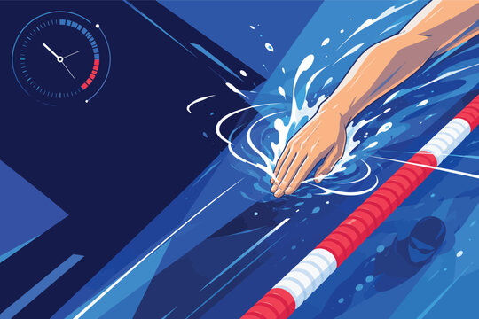 Professional swimmer performing a fast freestyle stroke in a blue pool with a timing clock graphic