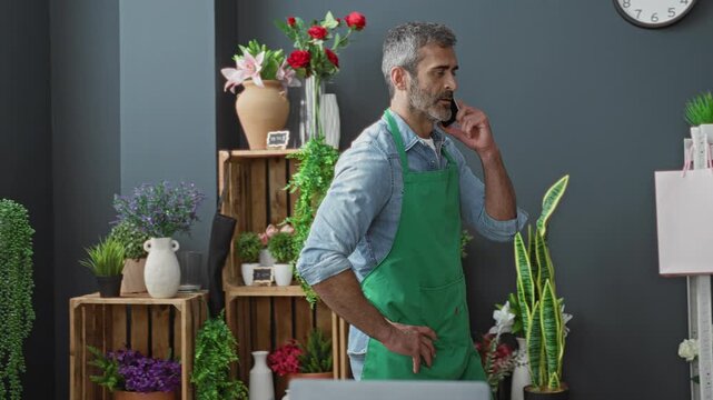 Man florist in green apron holding smartphone to ear with right hand, left on hip, surrounded by vases and potted flowers with wall clock in shop building; focused concern.
