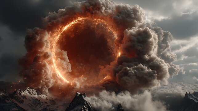 Explosive volcanic eruption with molten lava and smoke clouds volcano explosion