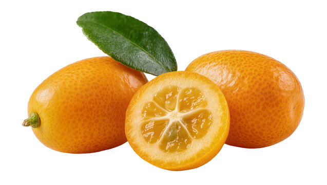 Isolated fresh and ripe kumquat fruits with green leaf, one neatly sliced to reveal the juicy pulp.